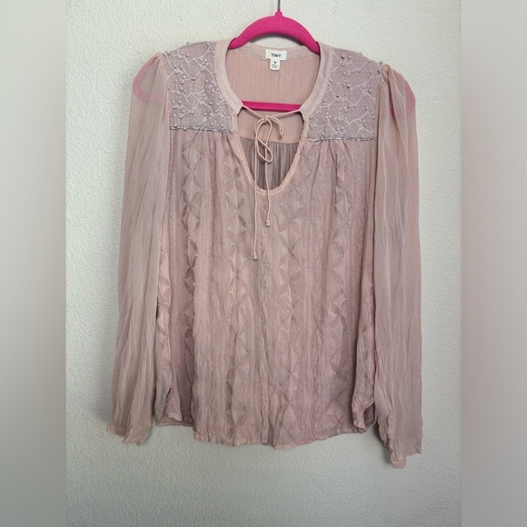 Tiny Anthropologie Blush Pink Embroidered Chiffon Long Sleeve Peasant Blouse S - Picture 3 of 12